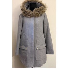 J.Crew Vail Parka Gray Wool Blend Faux Fur Hood Coat E3931 Womens Size 14 Zip Up